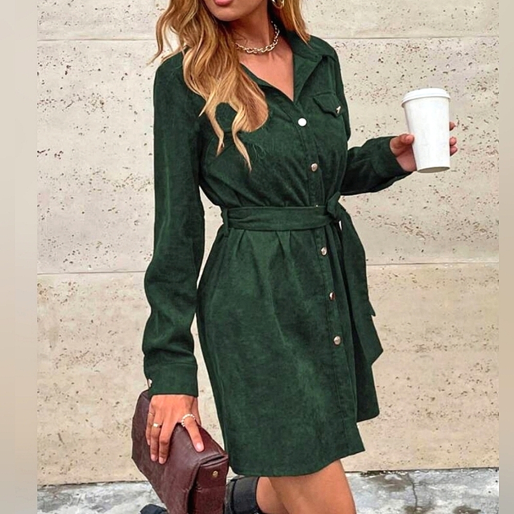 NEW Corduroy Shirt Dress Long Sleeve Belted Dark Green
